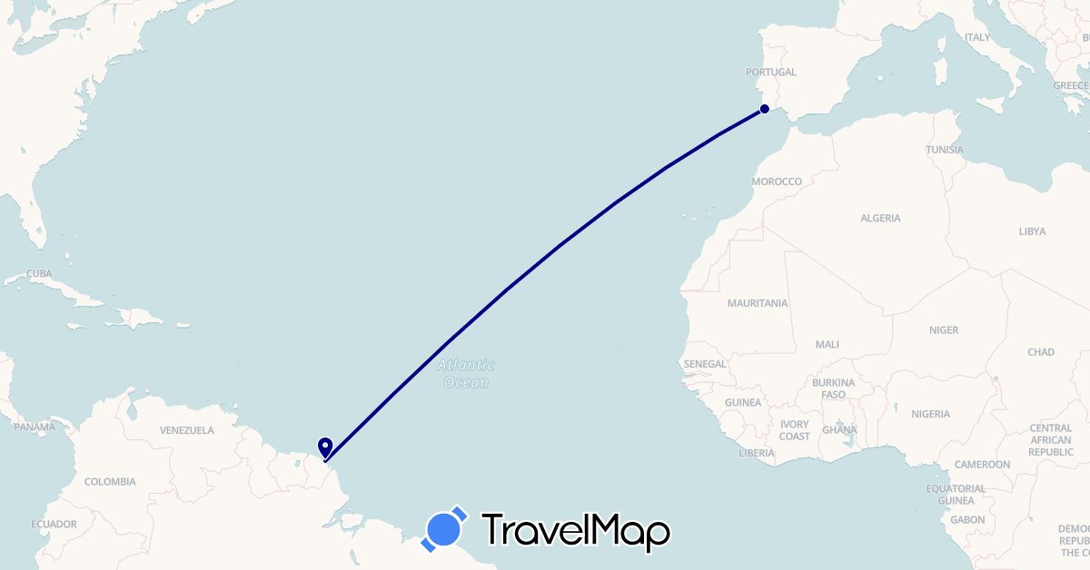 TravelMap itinerary: driving in French Guiana, Portugal (Europe, South America)